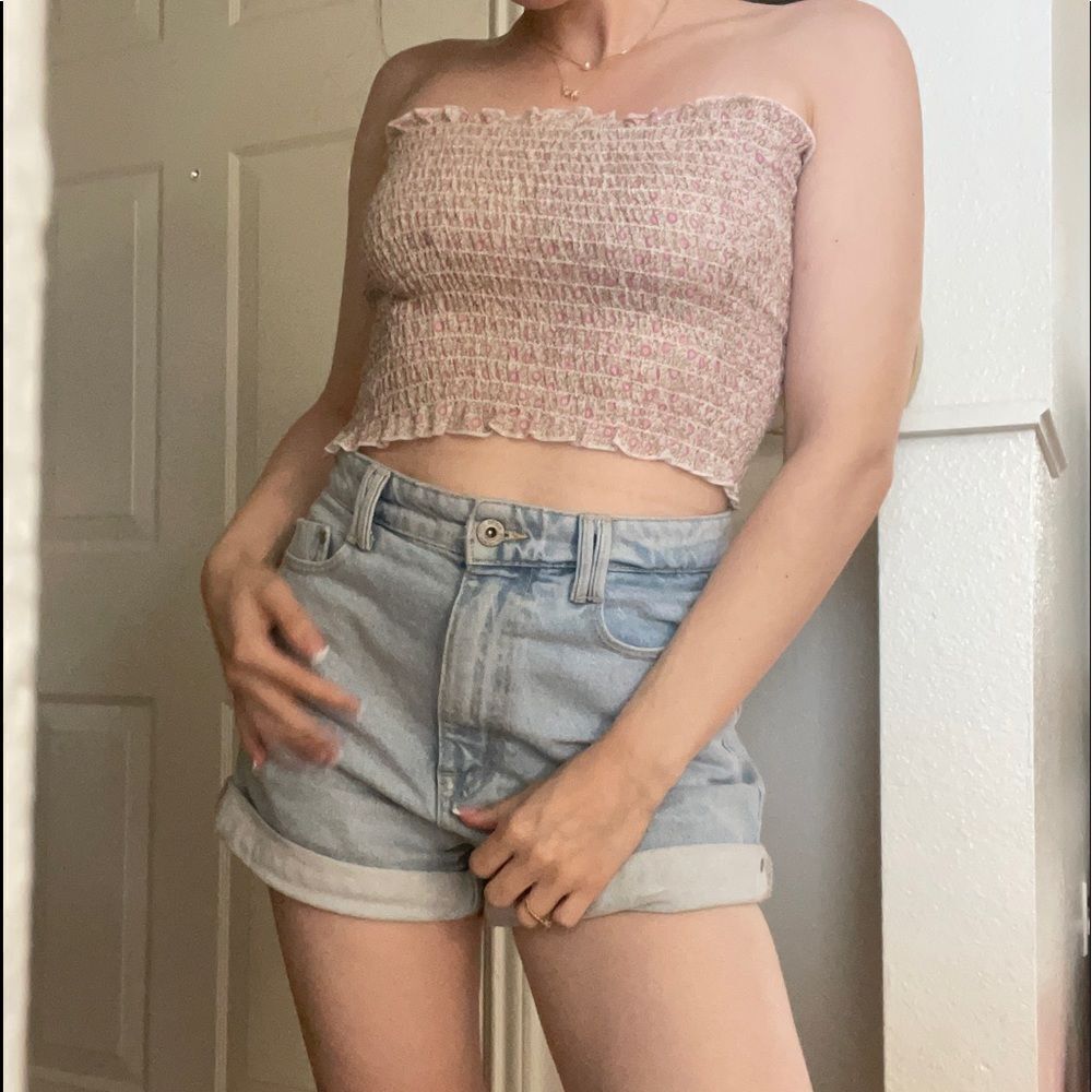 Y2k Deadstock ditsy Floral smocked tube‎ crop top with lettuce hem small